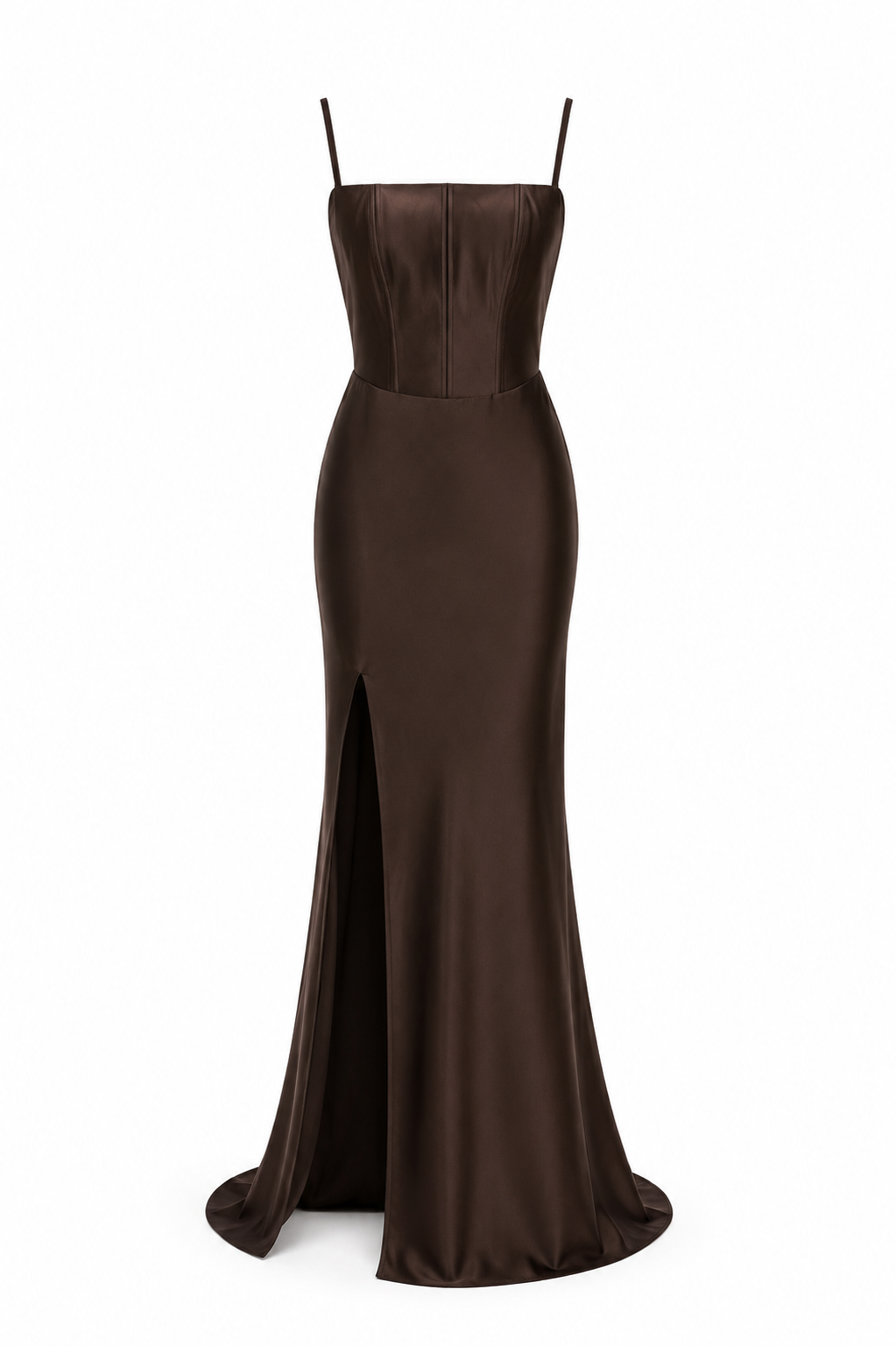 Midnight Square Neck Satin Gown with Slit – Dark Brown