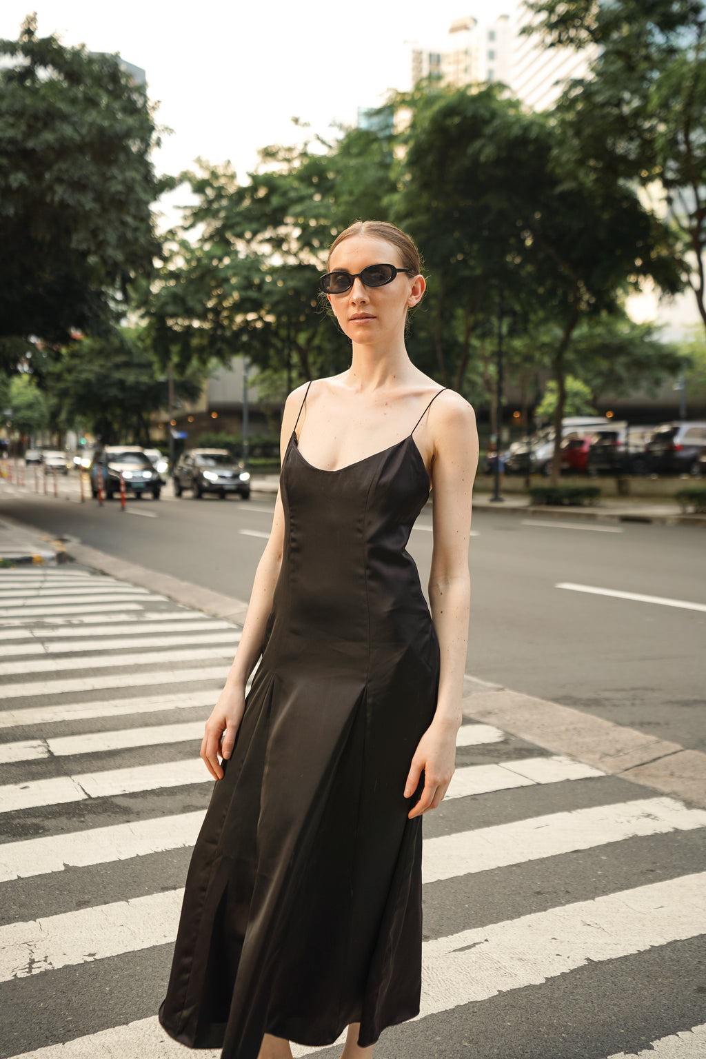 Dawn Black Satin Scoop Neck Midi Dress