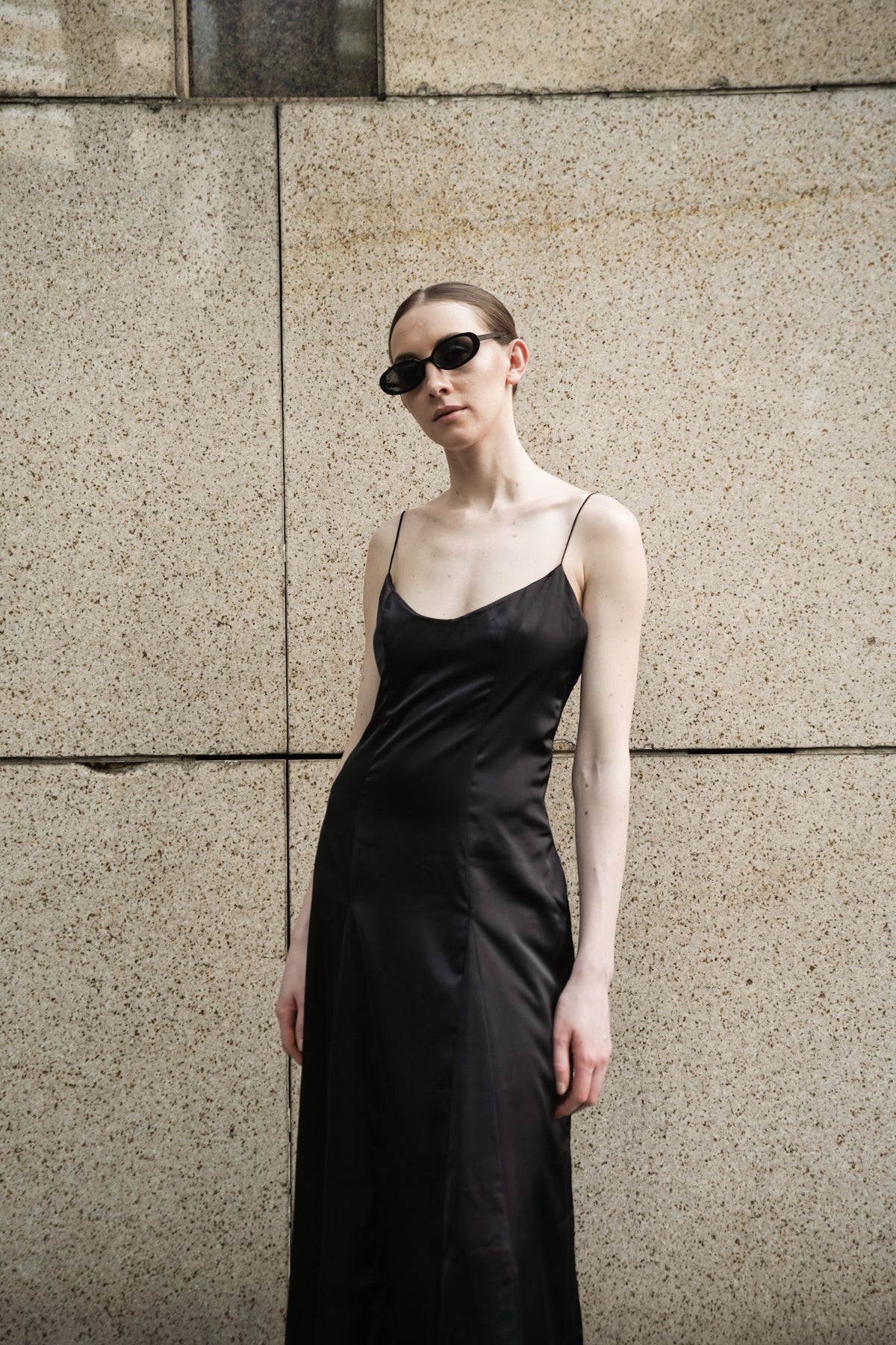Dawn Black Satin Scoop Neck Midi Dress