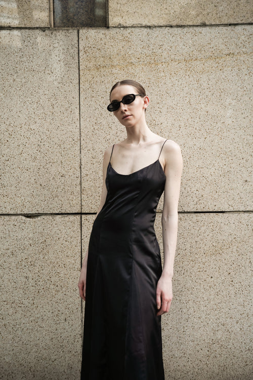 Dawn Black Satin Scoop Neck Midi Dress