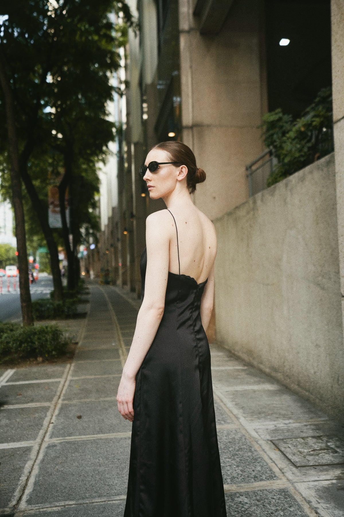 Dawn Black Satin Scoop Neck Midi Dress