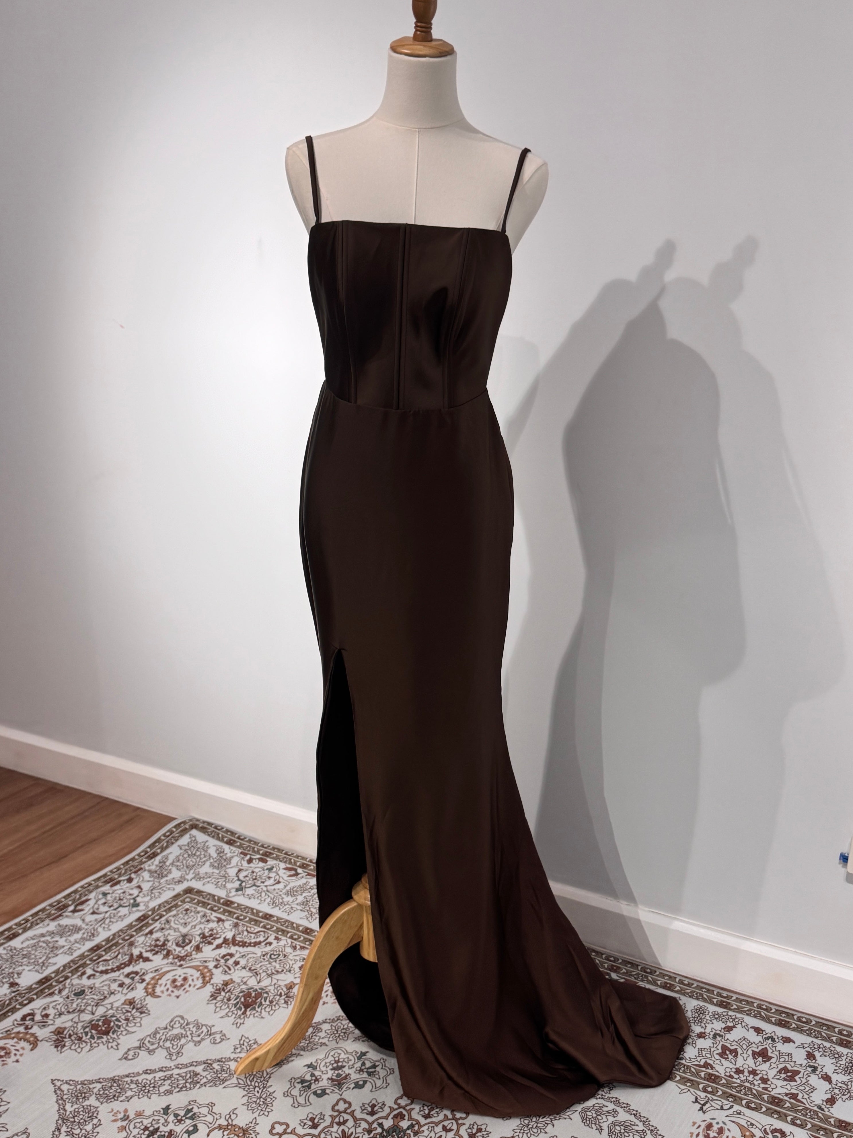 Midnight Square Neck Satin Gown with Slit – Dark Brown