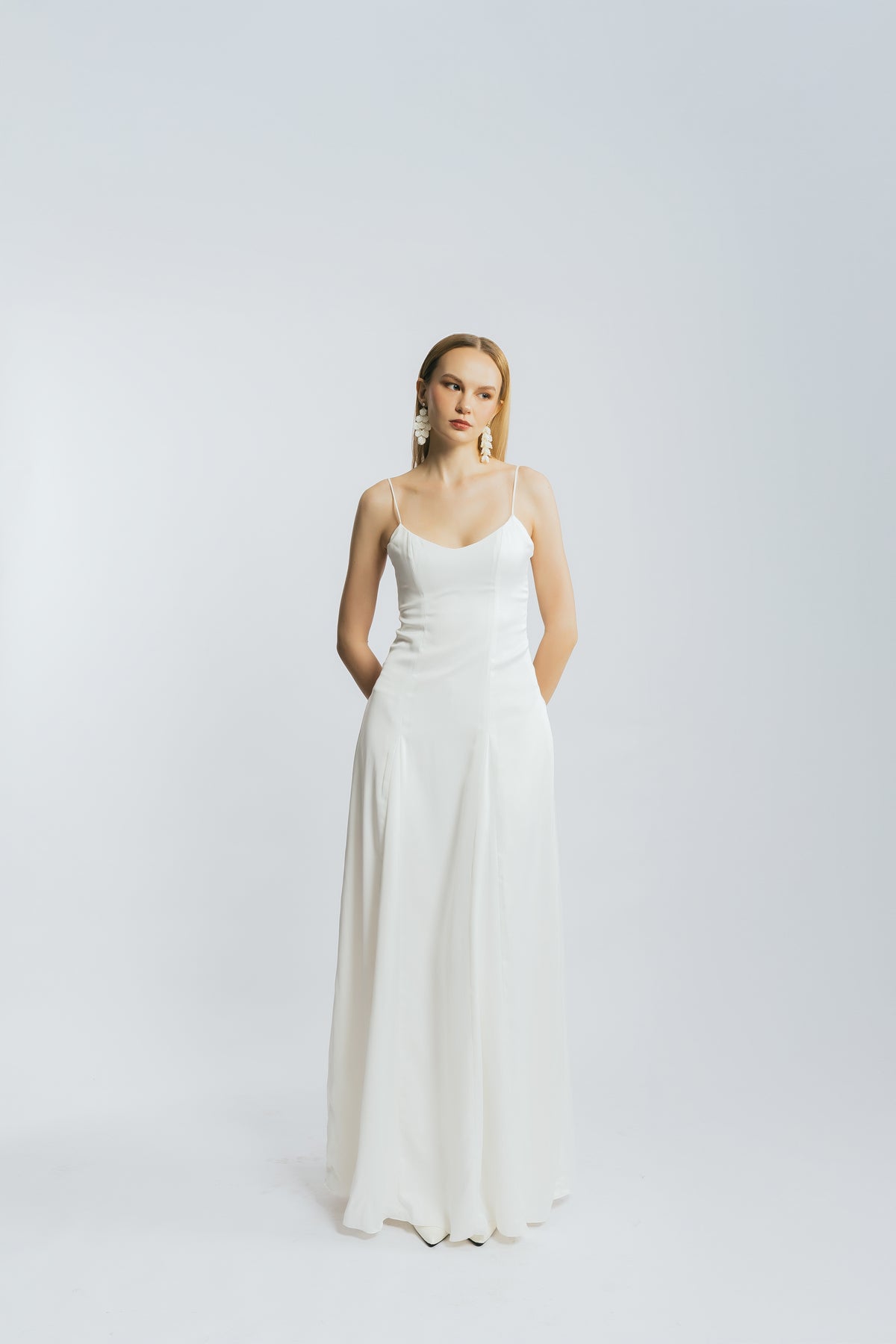 Daylight White Satin Scoop Neck Full-Length Dress
