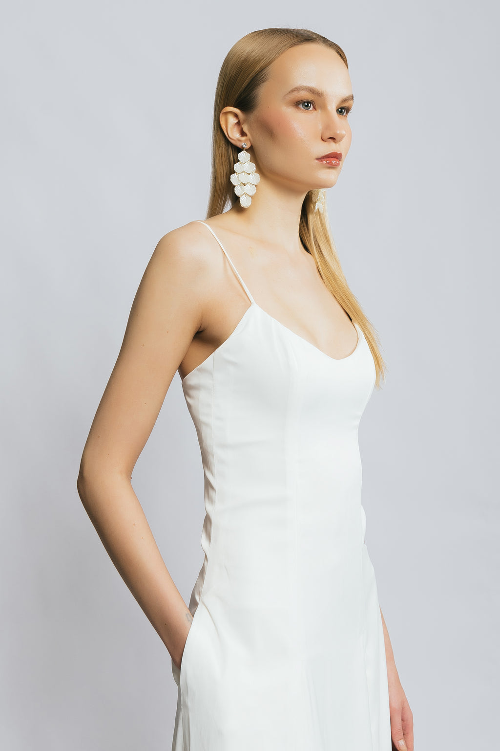 Daylight White Satin Scoop Neck Full-Length Dress