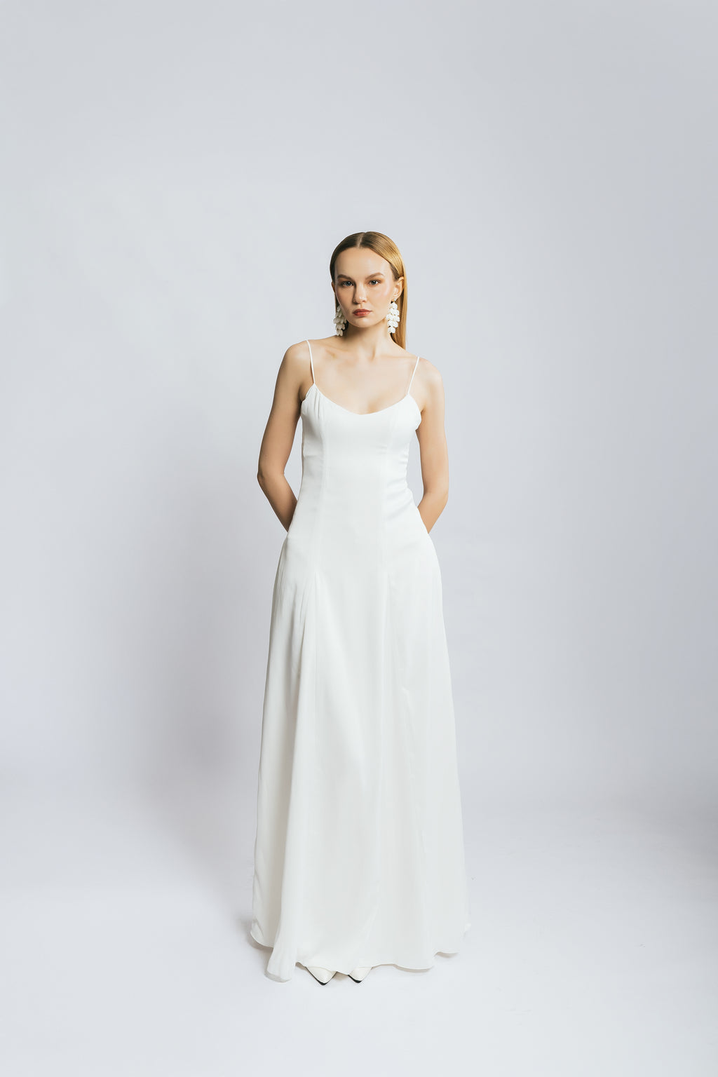 Daylight White Satin Scoop Neck Full-Length Dress