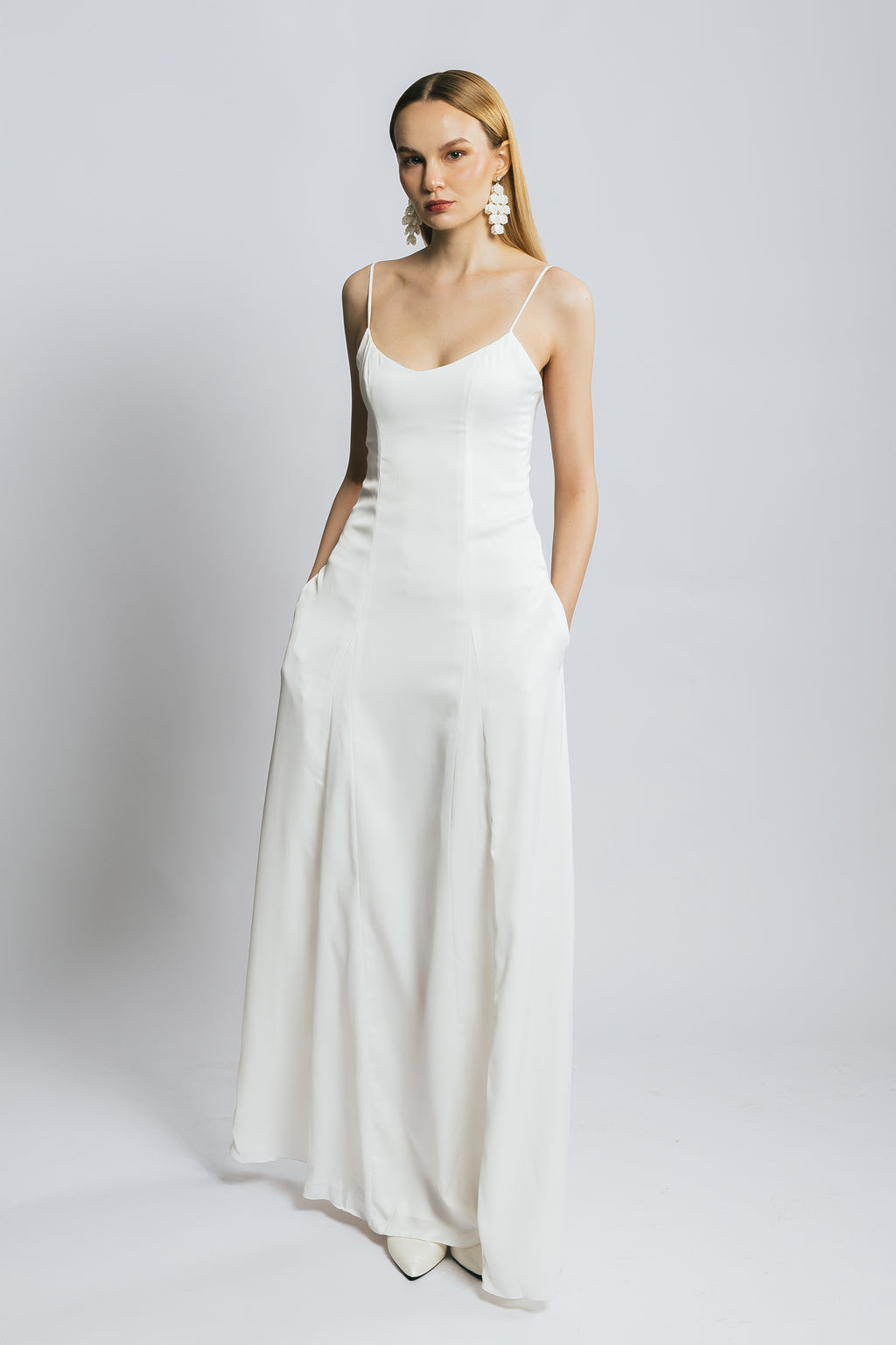 Daylight White Satin Scoop Neck Full-Length Dress