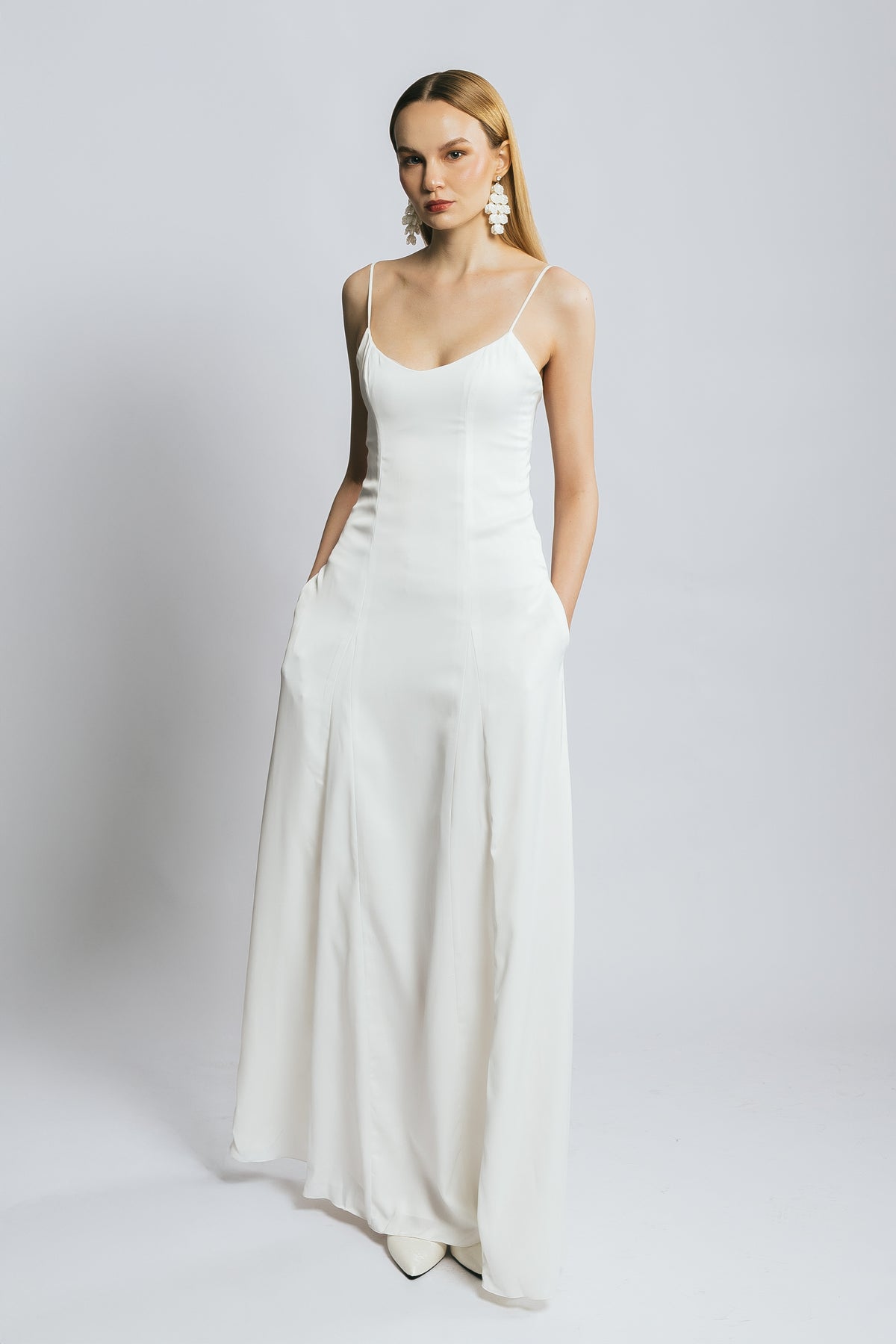 Daylight White Satin Scoop Neck Full-Length Dress