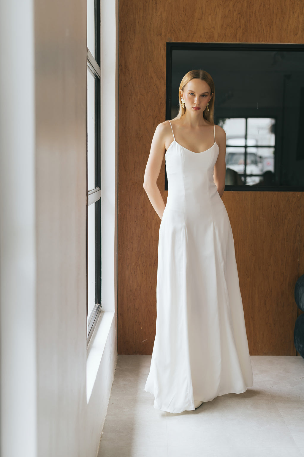 Daylight White Satin Scoop Neck Full-Length Dress