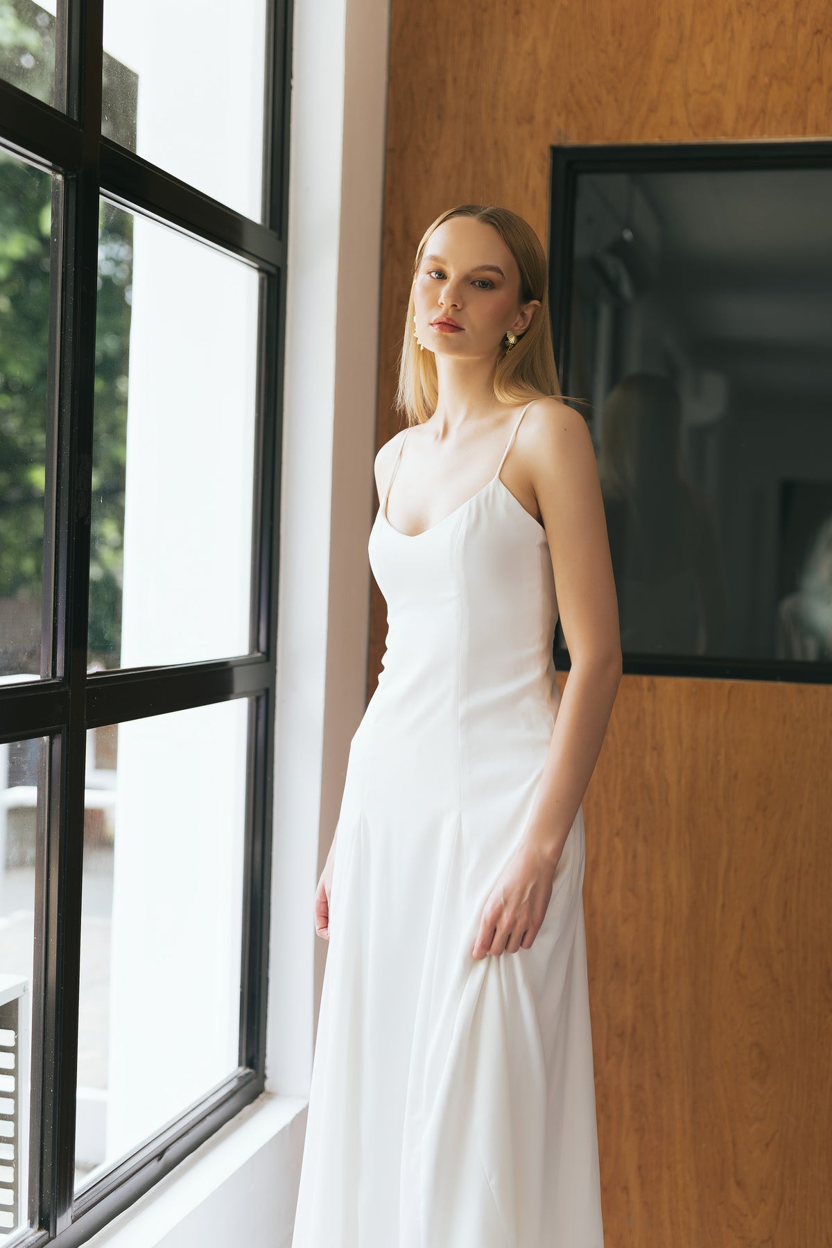 Daylight White Satin Scoop Neck Full-Length Dress