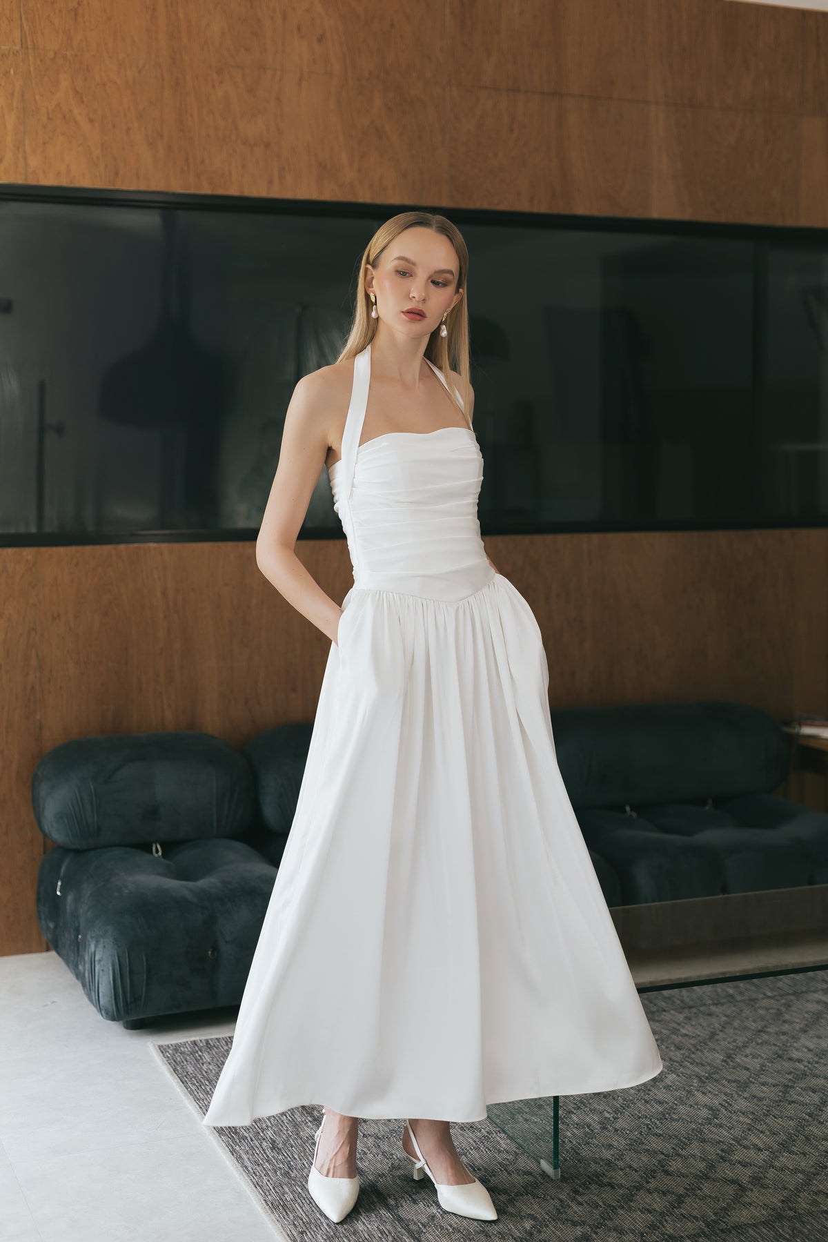 Daydream White Pleated Halter Maxi Dress