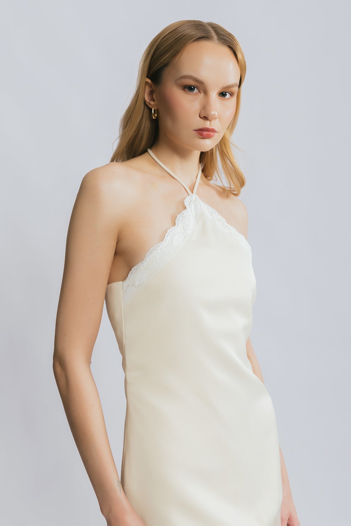 Ever After Buttercream Lace Fringe Halter Mini Dress