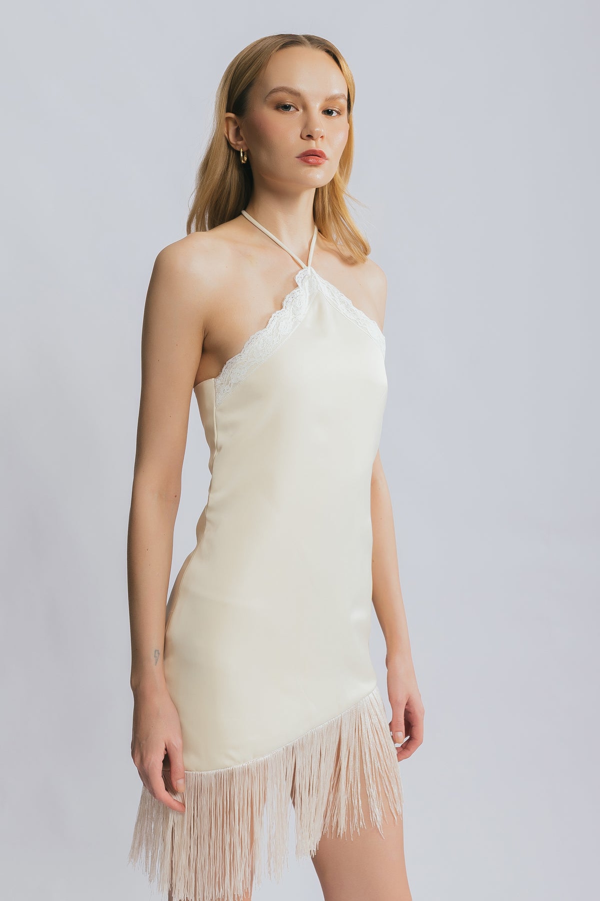 Ever After Buttercream Lace Fringe Halter Mini Dress