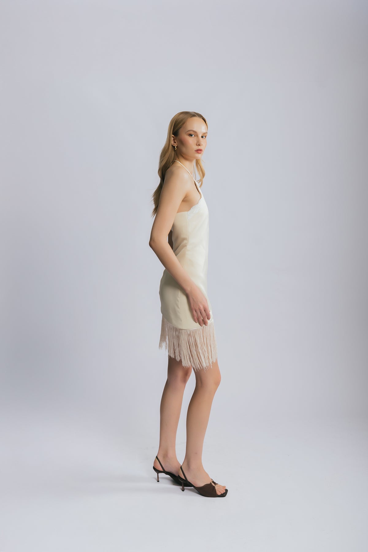 Ever After Buttercream Lace Fringe Halter Mini Dress