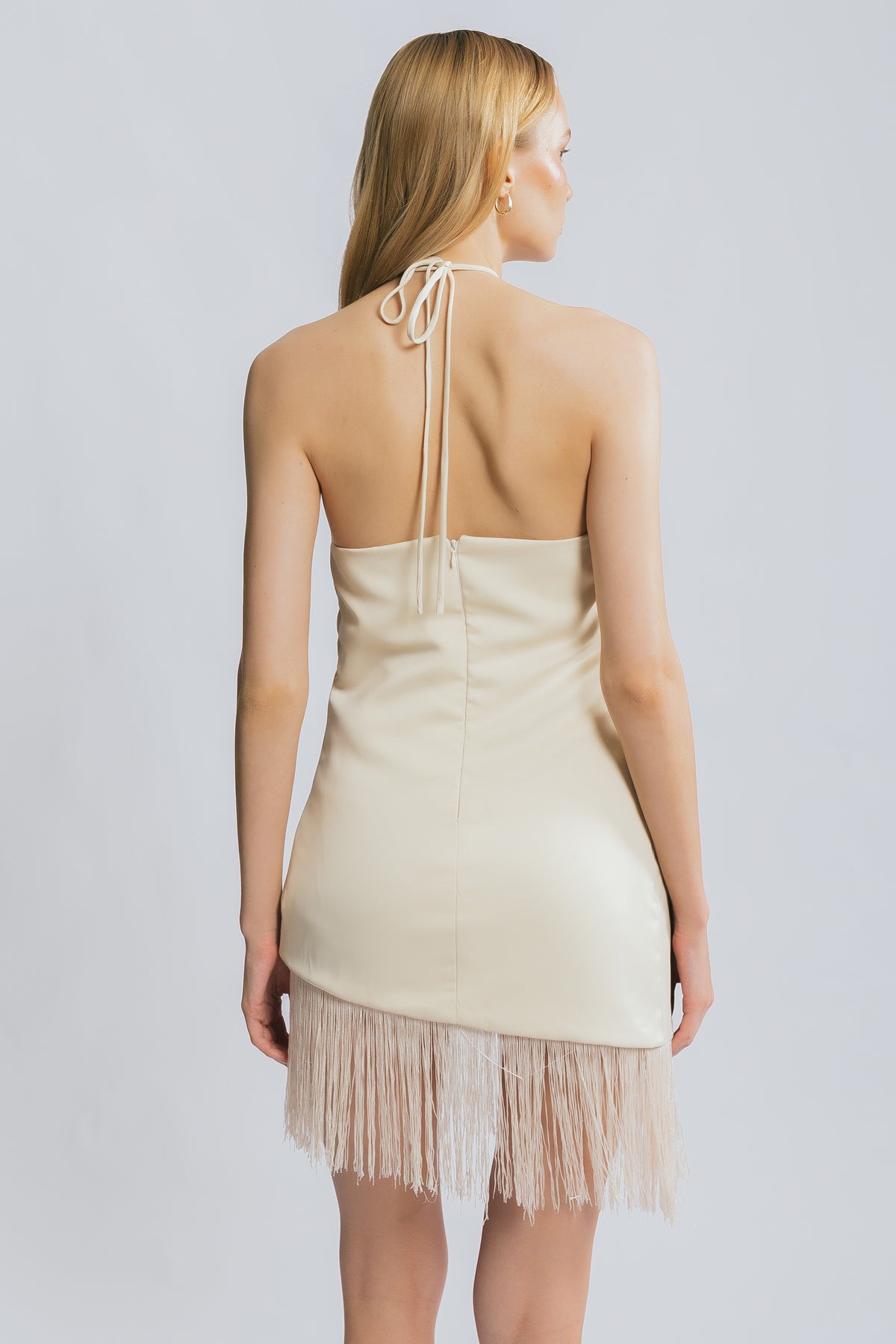Ever After Buttercream Lace Fringe Halter Mini Dress
