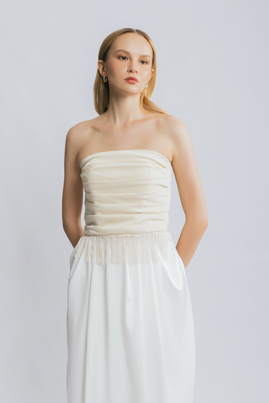 Embrace The Moment Buttercream Satin Fringe Tube Top