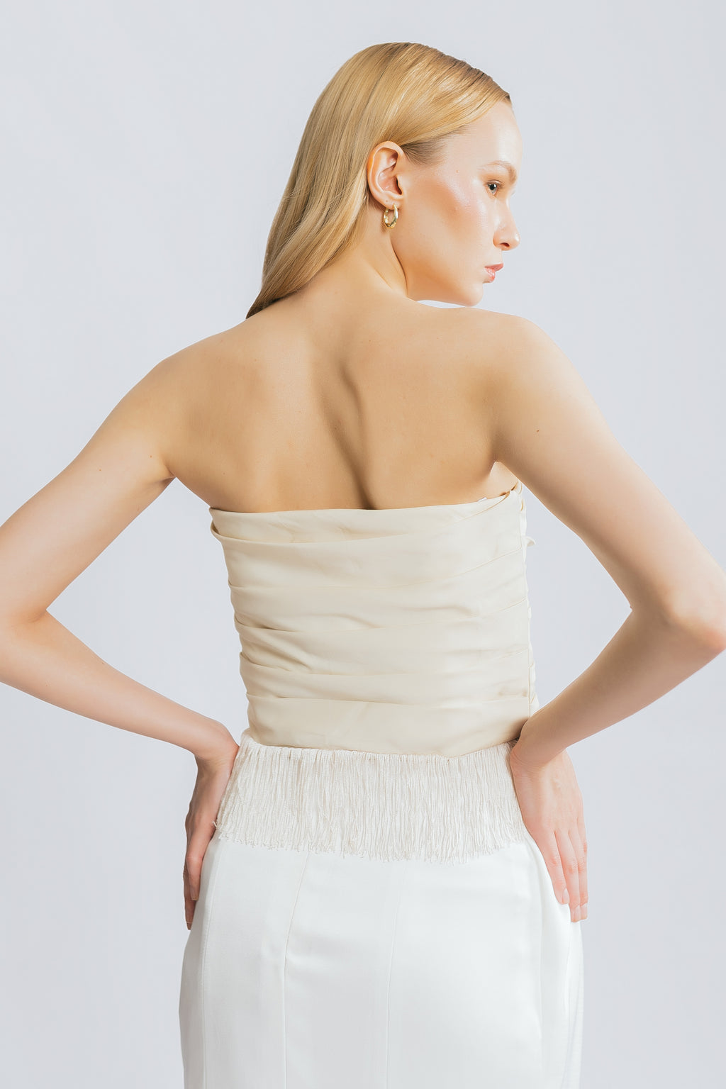 Embrace The Moment Buttercream Satin Fringe Tube Top