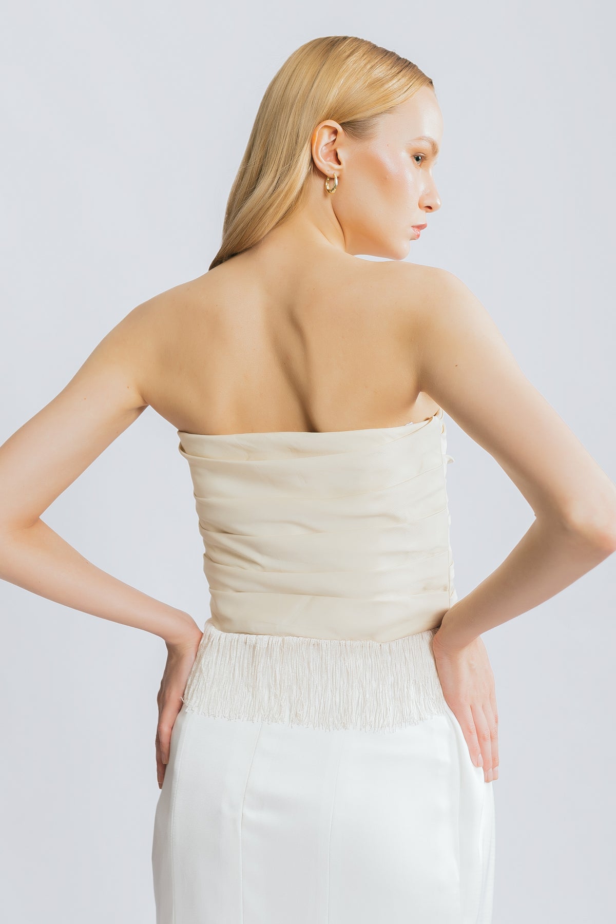 Embrace The Moment Buttercream Satin Fringe Tube Top