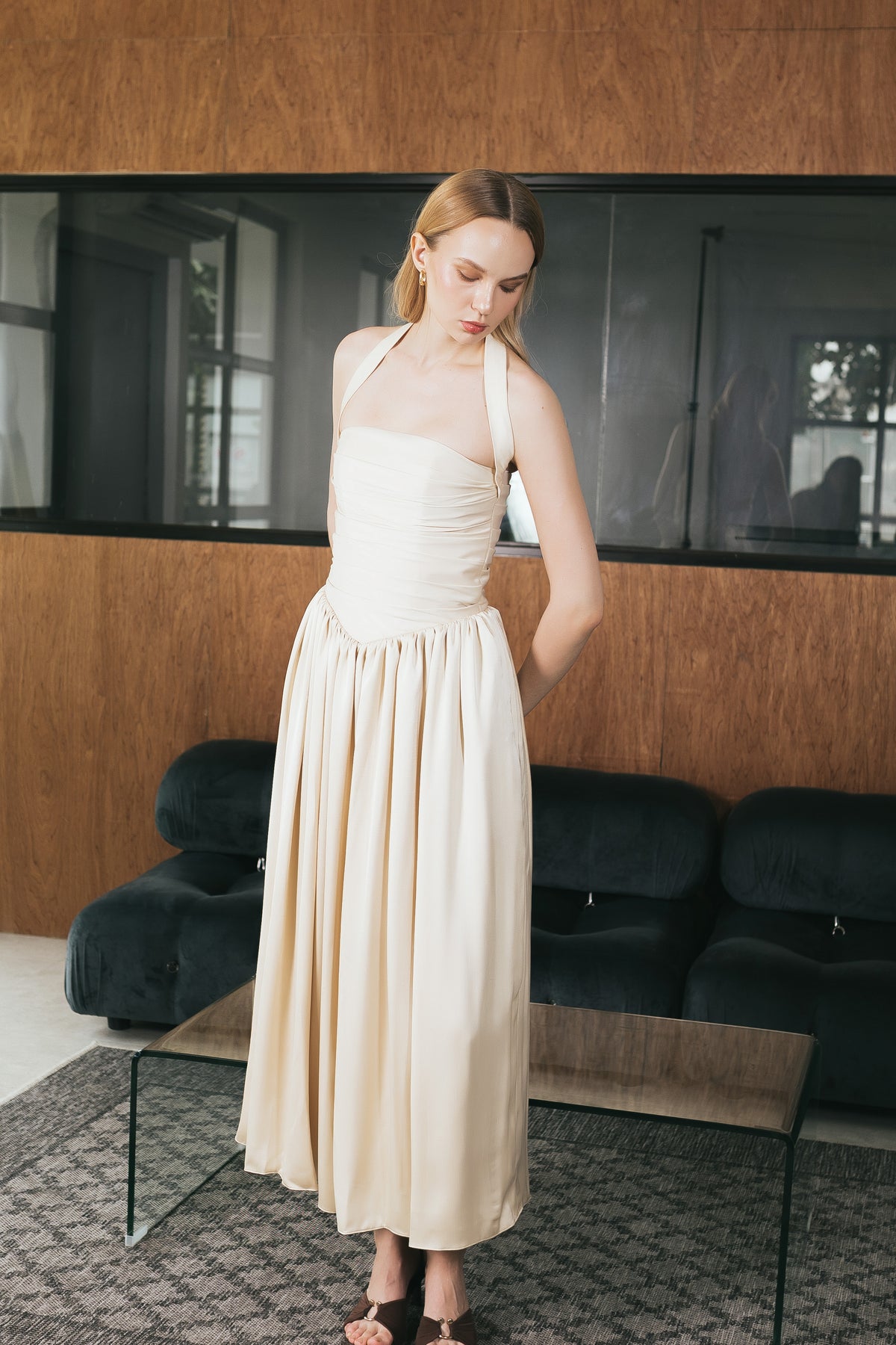 Daydream Buttercream Pleated Halter Maxi Dress
