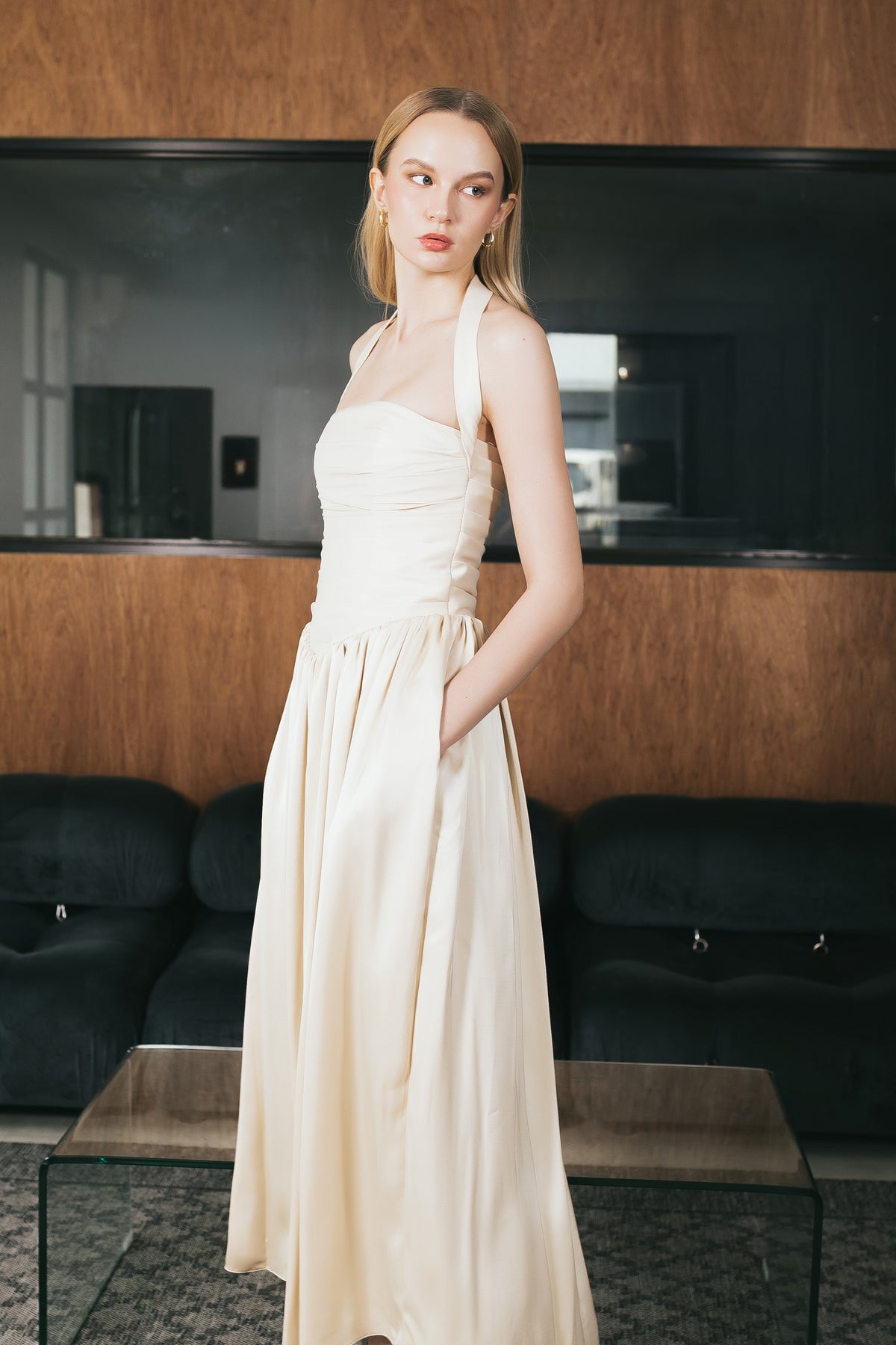 Daydream Buttercream Pleated Halter Maxi Dress