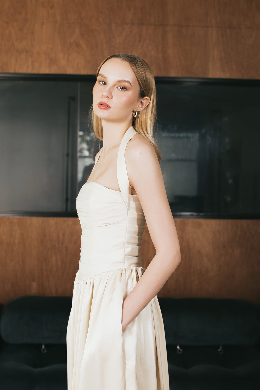 Daydream Buttercream Pleated Halter Maxi Dress