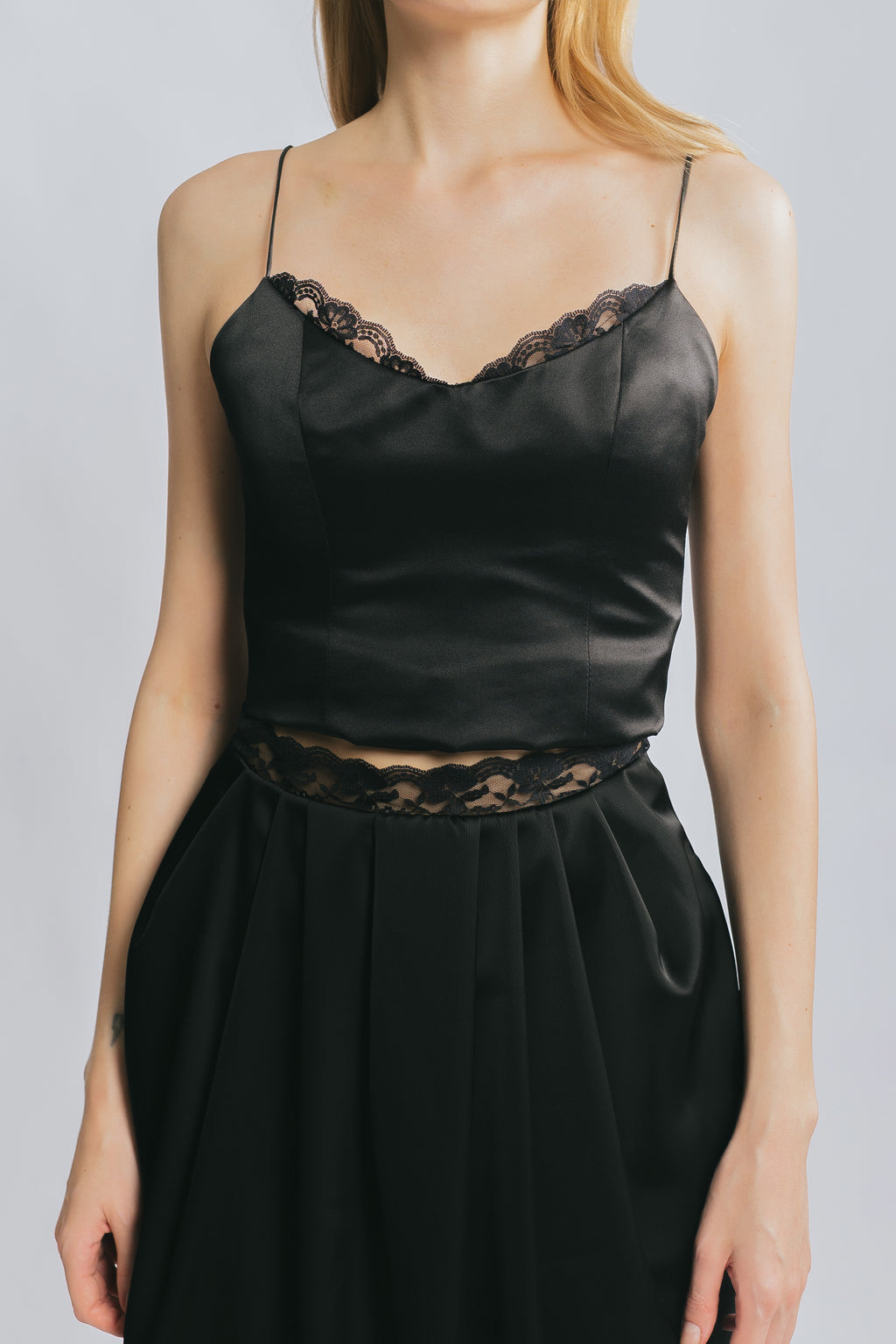 Delicate Muse Black Lace Trim Draped Maxi Skirt