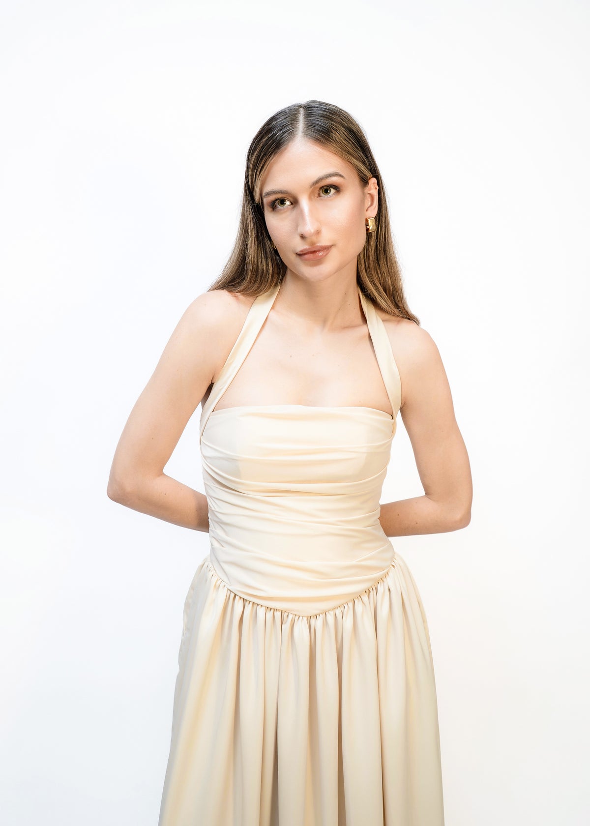 Daydream Buttercream Pleated Halter Maxi Dress
